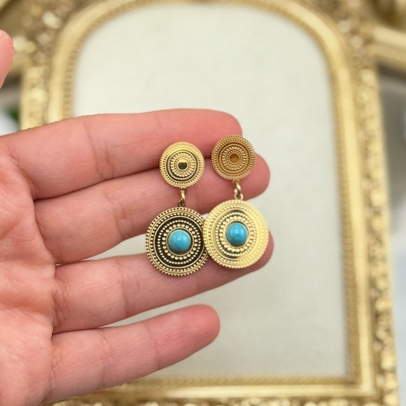 Turquoise Sunburst Drop Earrings – Stainless Steel, PVD Real Gold Plated - Picture 6 of 6